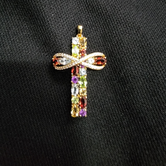 18k on SS multi gem cross pendant - Picture 1 of 3